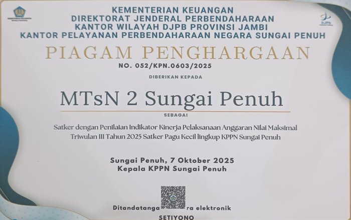 Prestasi Gemilang! MTsN 2 Sungai Penuh Dinobatkan Sebagai Penerima IKPA Terbaik